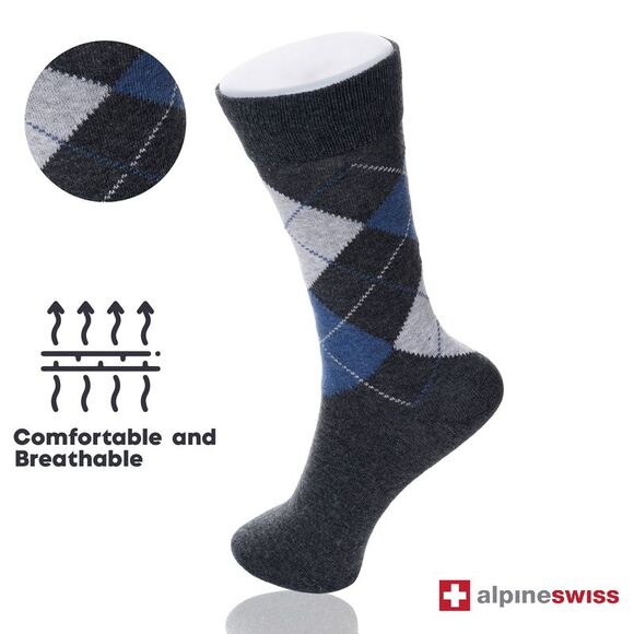 Alpine Swiss 6 Pack Mens Cotton Dress Socks Mid Calf Argyle Pattern Solids Set - Picture 3 of 9